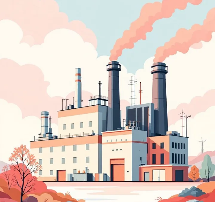 Stylized illustration of an industrial plant with chimneys venting exhaust