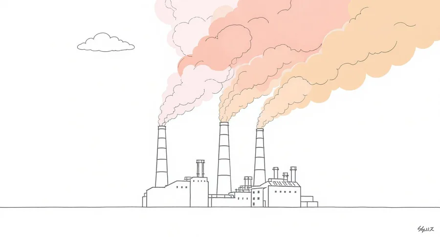 Industrial stacks venting coloured smoke against a pale sky
